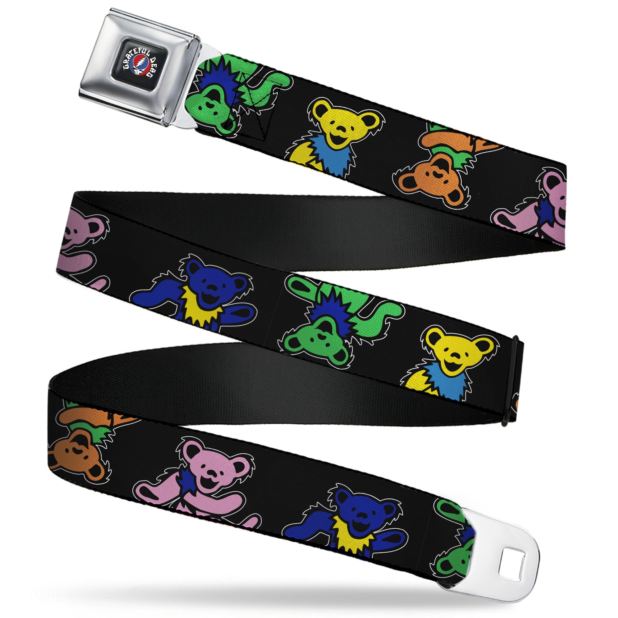 Grateful Dead Belt, Seatbelt Buckle Belt, Grateful Dead Dancing Bears Close Up Black Multi Color, Adjustable, Black, Blue, Green, Yellow, 1.5" Wide - Fits Pant Size 32-52