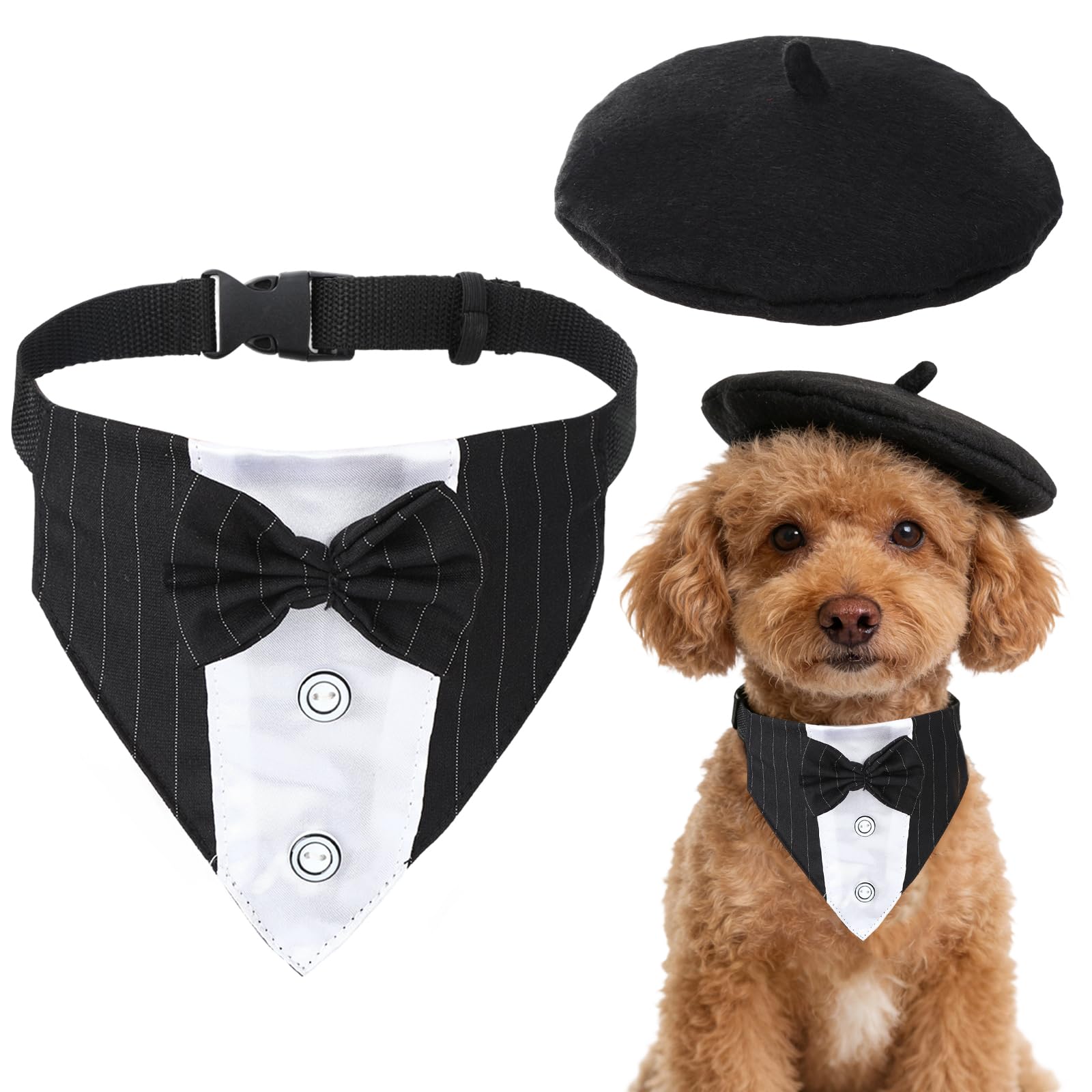 2 Stück Schwarz Hundekleidung Set mit Beret Hundemütze und Verstellbarer Hundefliege formelles Haustieraccessoire Hundoutfit für Hochzeit Party Geburtstag Alltag Haustierkleid