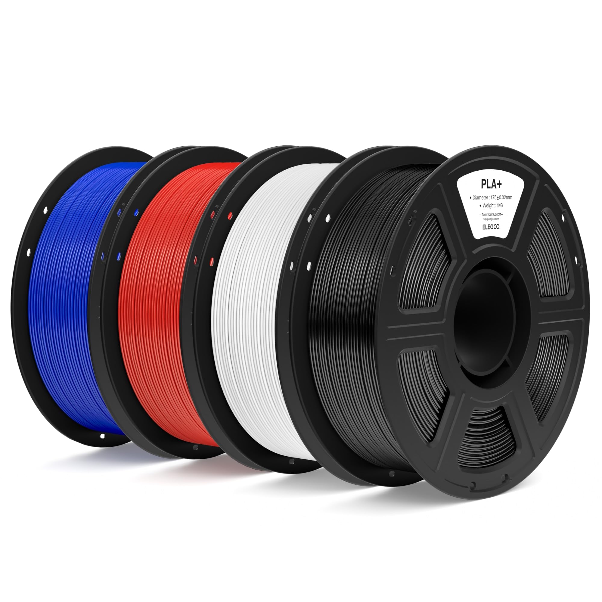 ELEGOO PLA+ Filamento 1,75mm Nero Bianco Rosso Blu Scuro 4KG, PLA Plus ad Alta Resistenza per Stampanti 3D, Precisione Dimensionale +/- 0,02mm, Bobina da 1kg (2,2lbs)