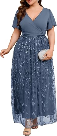 CYCLAMEN Plus Size Formal Dresses Cocktail Evening Gowns Wedding Guest Sequin Embroidery V Neck A Line Prom Maxi Dress