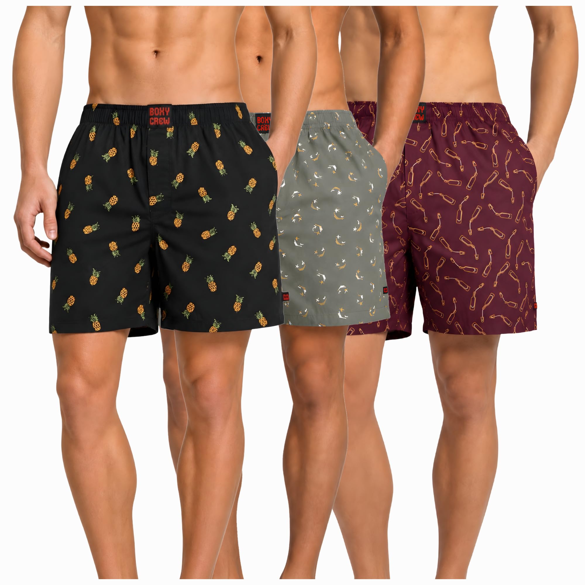 Men's 100% Cotton Boxer Shorts Pack of 3, Charcoal, Green & Maroon | Woven Boxers with Side Pockets, No-Marks Elastic Waistband, Breathable Relaxed Fit | Style 004-008-014-image-35