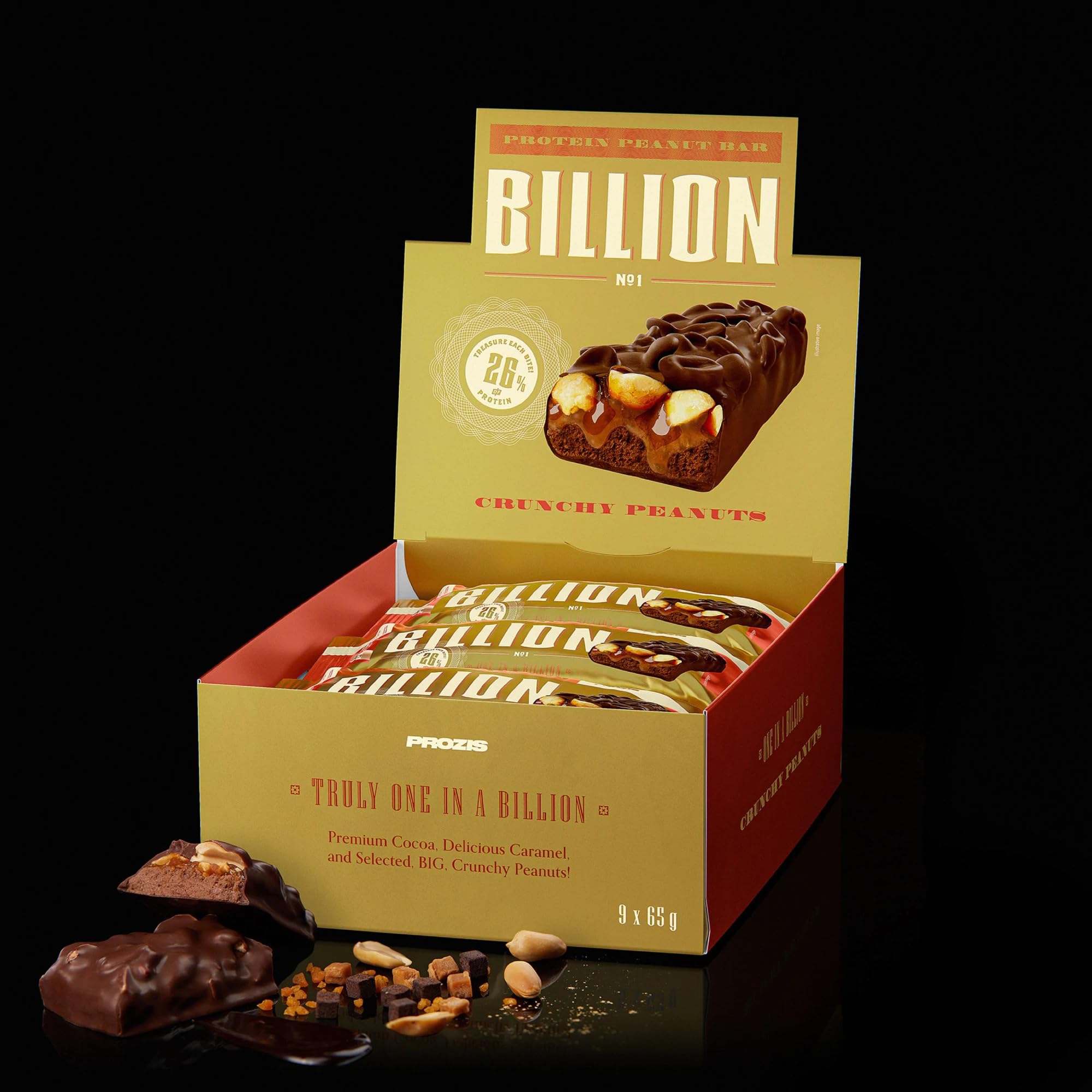 Prozis Billion Bar 9 x 65 gr - barrette proteiche a base di arachidi caramello cioccolato. (585 gr, arachidi cioccolato latte)