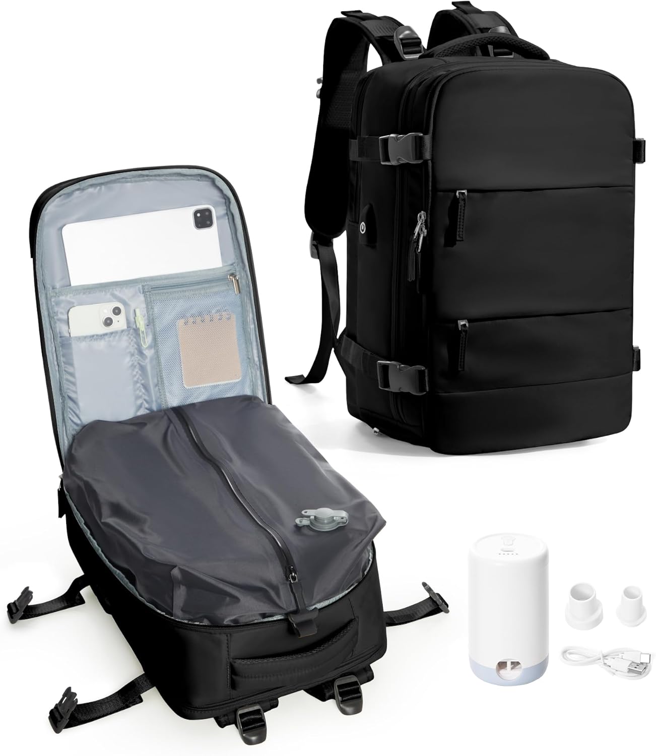 VENATIN Travel Backpack for Women, Waterproof Backpack, Travel Bag for Personal Effects, Airplane Suitable, with Shoe Compartment and Wet Bag, Travel Utensils, G1-black