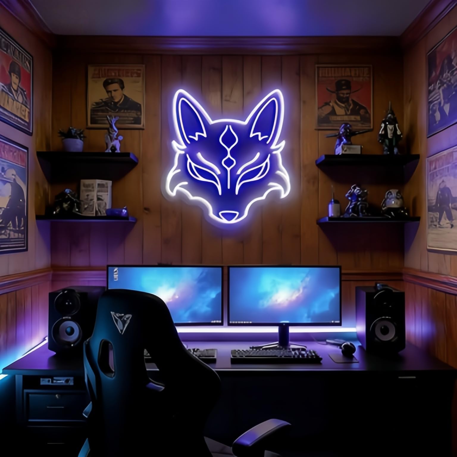 Kitsune Maschera al neon, luce LED a forma di volpe giapponese, decorazione da parete Yokai, maschera Oni Anime decorazione per la stanza
