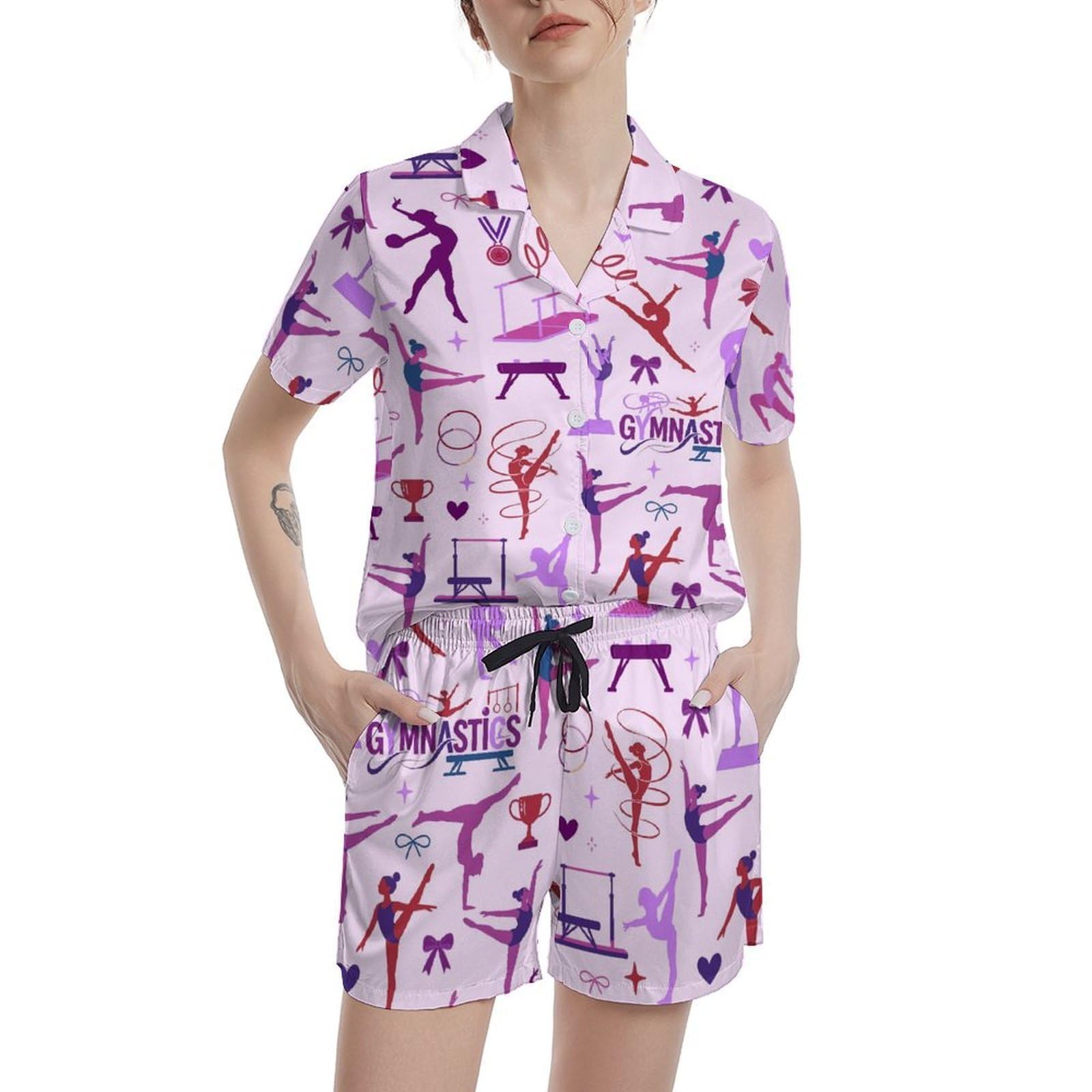 Funny Pajamas for Women Set Print Satin Loungewear Pjs Short Sleeve Button Down Top and Shorts Sets Sleepwear XS-3XL