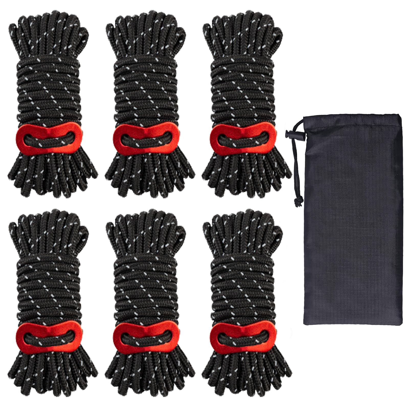 LEEZZA Reflective Guy Ropes for Tents and Tarps, 6 Pack, 13 Feet Long, 4mm Diameter, Black with Red Adjusters