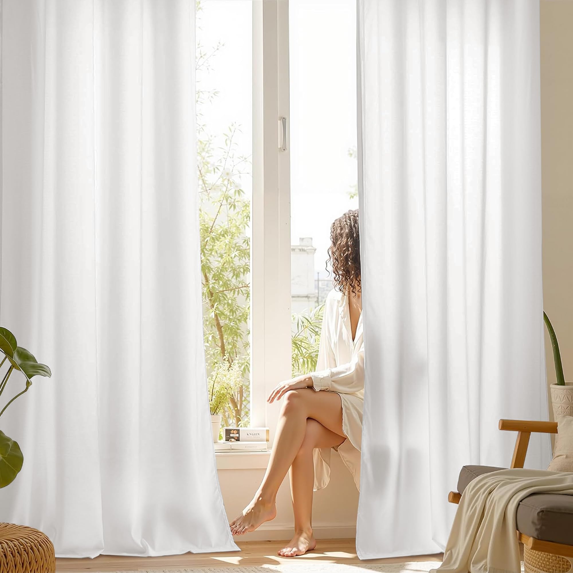 PONY DANCE Light Filtering White Voile Curtains, Non-See-Through Eyelet Net for Windows, 54 Drop Short Privacy Sheer Curtains for Bedroom Kitchen, W46 x L54, 2 Panels