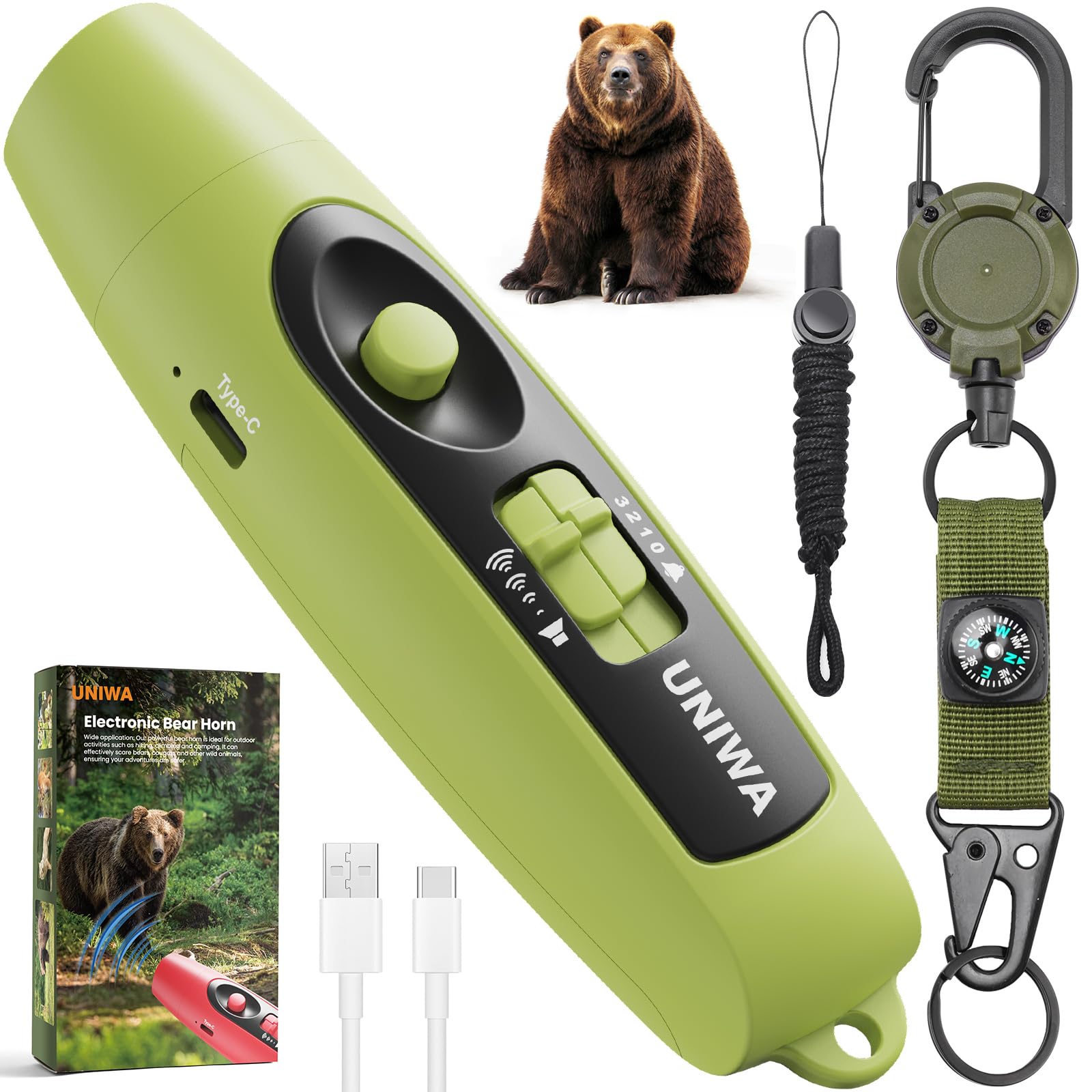UNIWA Bocina electrónica de oso de aire, bocina de aire fuerte de 120±5 dB para seguridad, senderismo, camping, silbato de emergencia con brújula y termómetro, cuerno de oso para asustar a los osos