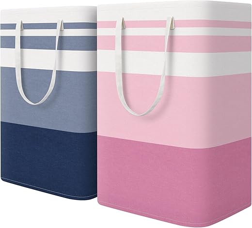HomeHacks 2 Pack Large Laundry Baskets, Waterproof, Freestanding Laundry Hampers, Collapsible Clothes Hamper with Reinforced Handles in Laundry, College Dorm, Bathroom, Bedroom (Blue+Pink, 75Lx2)