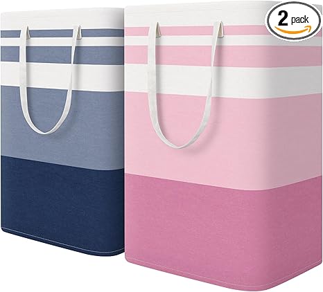 HomeHacks 2 Pack Large Laundry Baskets, Waterproof, Freestanding Laundry Hampers, Collapsible Clothes Hamper with Reinforced Handles in Laundry, College Dorm, Bathroom, Bedroom (Blue+Pink, 75Lx2)