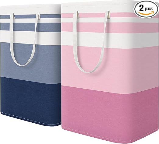 HomeHacks 2 Pack Large Laundry Baskets, Waterproof, Freestanding Laundry Hampers, Collapsible Clothes Hamper with Reinforced Handles in Laundry, College Dorm, Bathroom, Bedroom (Blue+Pink, 75Lx2)