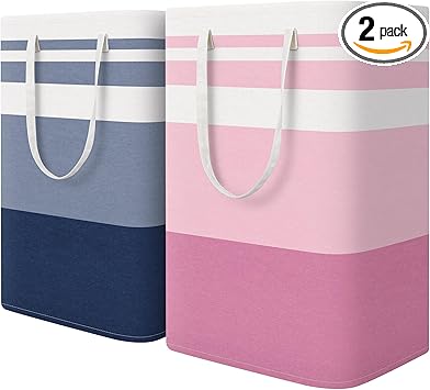 HomeHacks 2 Pack Large Laundry Baskets, Waterproof, Freestanding Laundry Hampers, Collapsible Clothes Hamper with Reinforced Handles in Laundry, College Dorm, Bathroom, Bedroom (Blue+Pink, 75Lx2)