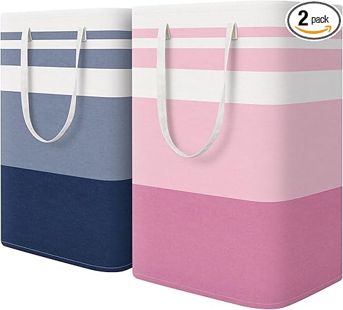 HomeHacks 2 Pack Large Laundry Baskets, Waterproof, Freestanding Laundry Hampers, Collapsible Clothes Hamper with Reinforced Handles in Laundry, College Dorm, Bathroom, Bedroom (Blue+Pink, 75Lx2)