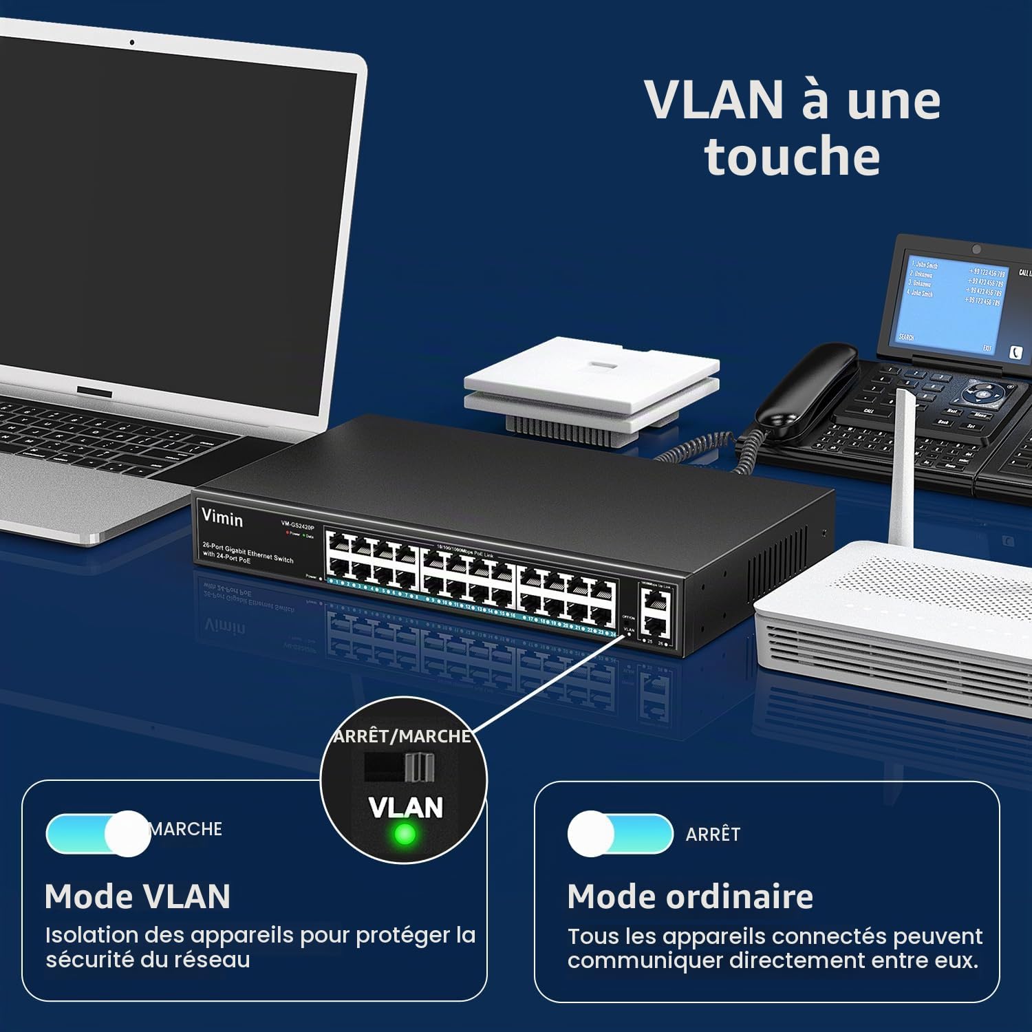 VIMIN Commutateur PoE Gigabit 24 Ports avec 2 Ports Montants Gigabit, Commutateur Ethernet PoE Non Géré 26 Ports avec Une Puissance de 320W, Prise en Charge de IEEE802.3af/at, VLAN, Boîtier en Métal