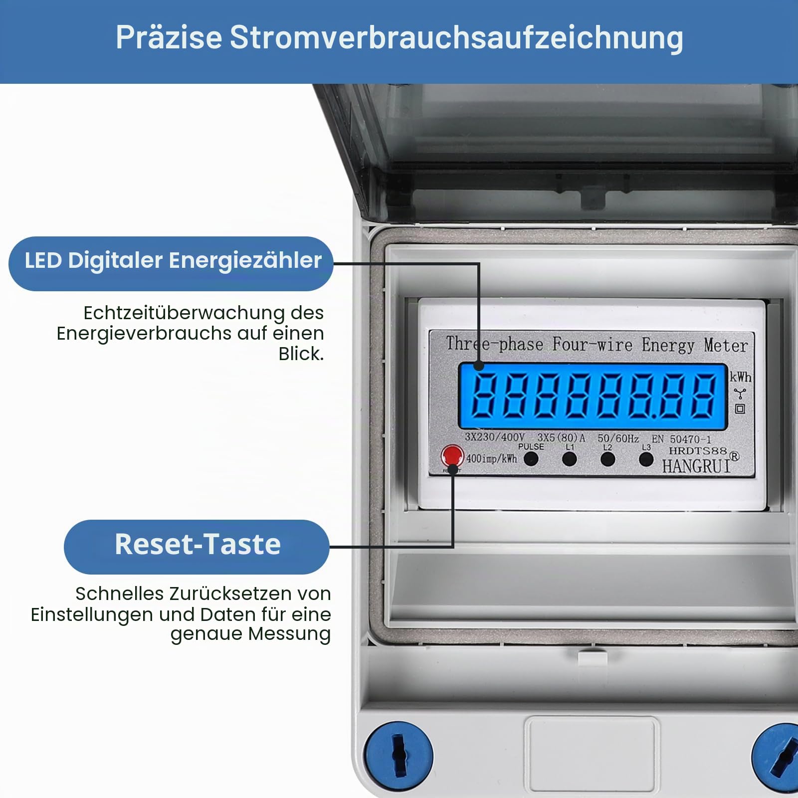 CPROSP 3 Phasen Mobiler Stromzähler 16A 400V, Digitaler Stromzähler Mit CEE Stecker und Kupplung, Drehstromzähler Mit Rückstellfunktion, 3m Kabel, für Wohnwagen, Elektrofahrzeuge, Camping, IP65