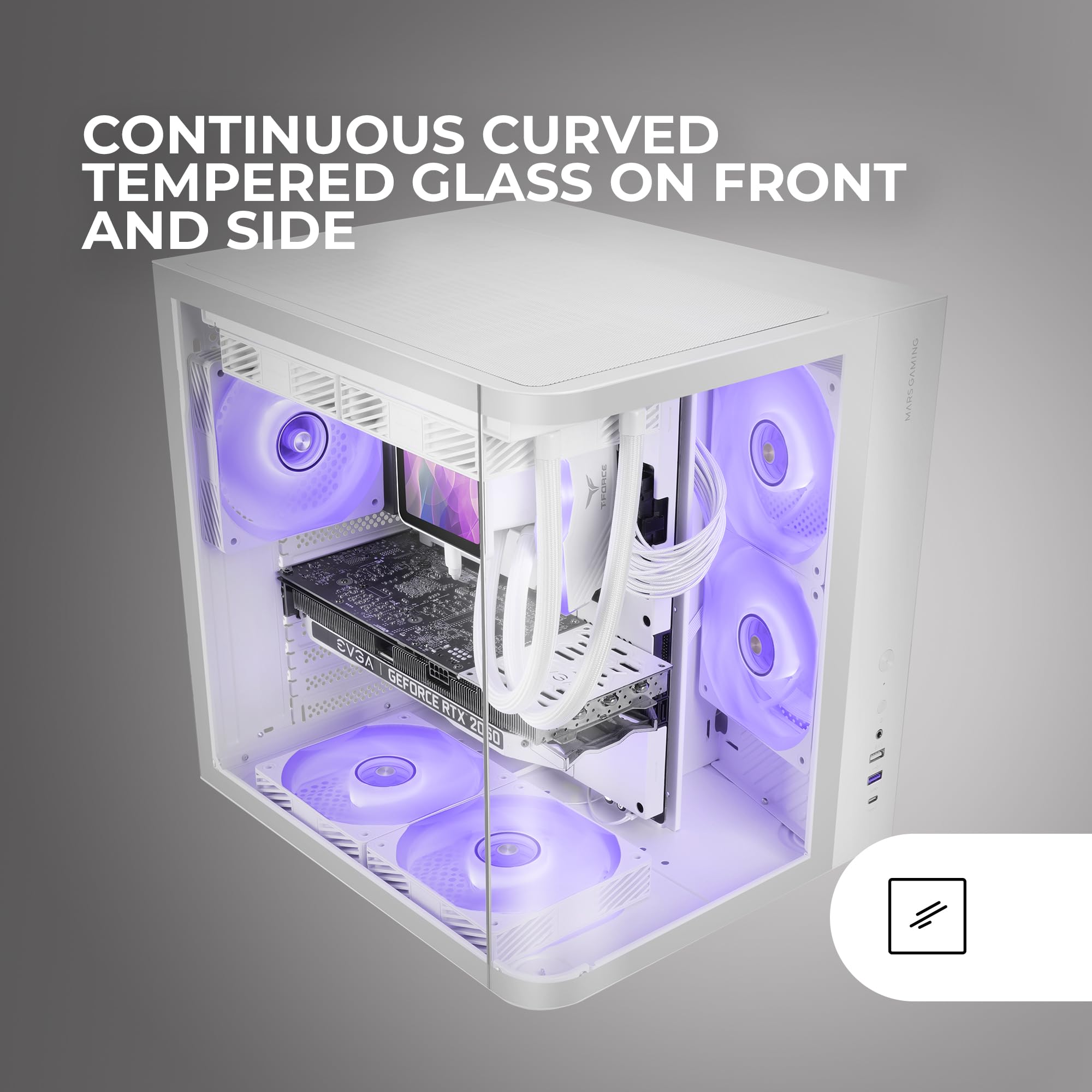 Mars Gaming MC-CURV, Case Gaming ATX, Triplo Vetro Temperato Curvo Continuo Frontale e Laterale, Struttura a Doppia Camera, Semitorre PC Compatta con Grande Capacità Interna, USB-C e USB 3.0, Bianco