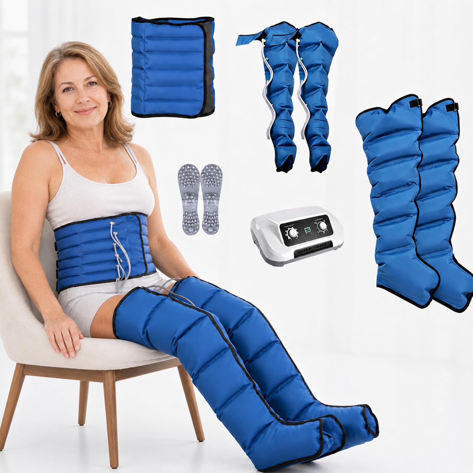Botas de Compresión, 6 Camaras, 0-30 Min, 0-240 mmHg Ajustables | Masajeador Drenaje Linfatico, Compresión de Aire, Temporizador Ajustable, Alivio Muscular y Drenaje Linfático