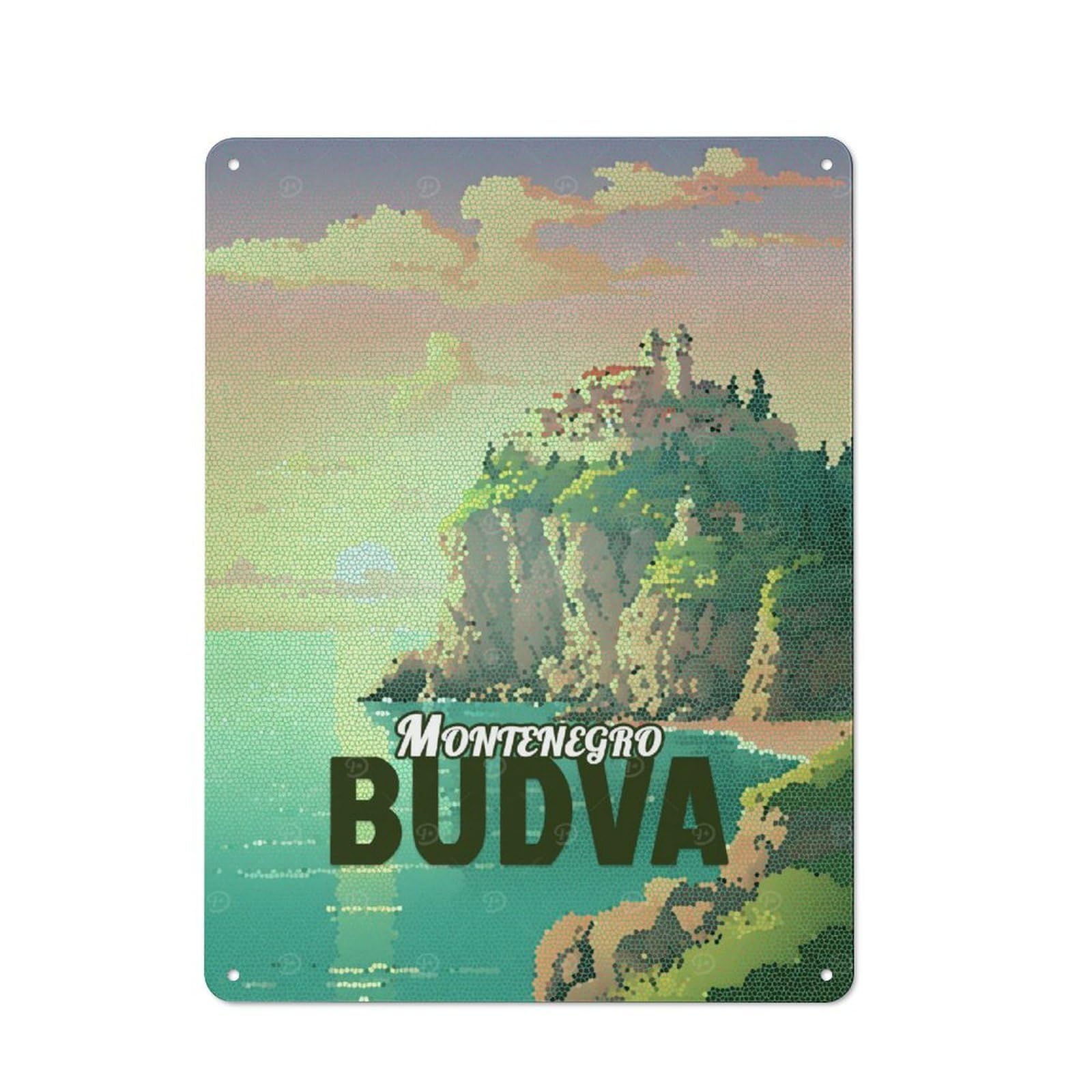 Junmoney Style-6 Cosy Montenegro Budva Mosaic Landscape Metal Plaque 40X30cm, Kitchen Wall Decor For Kitchen, Cafe, Pantry Or Dining Room