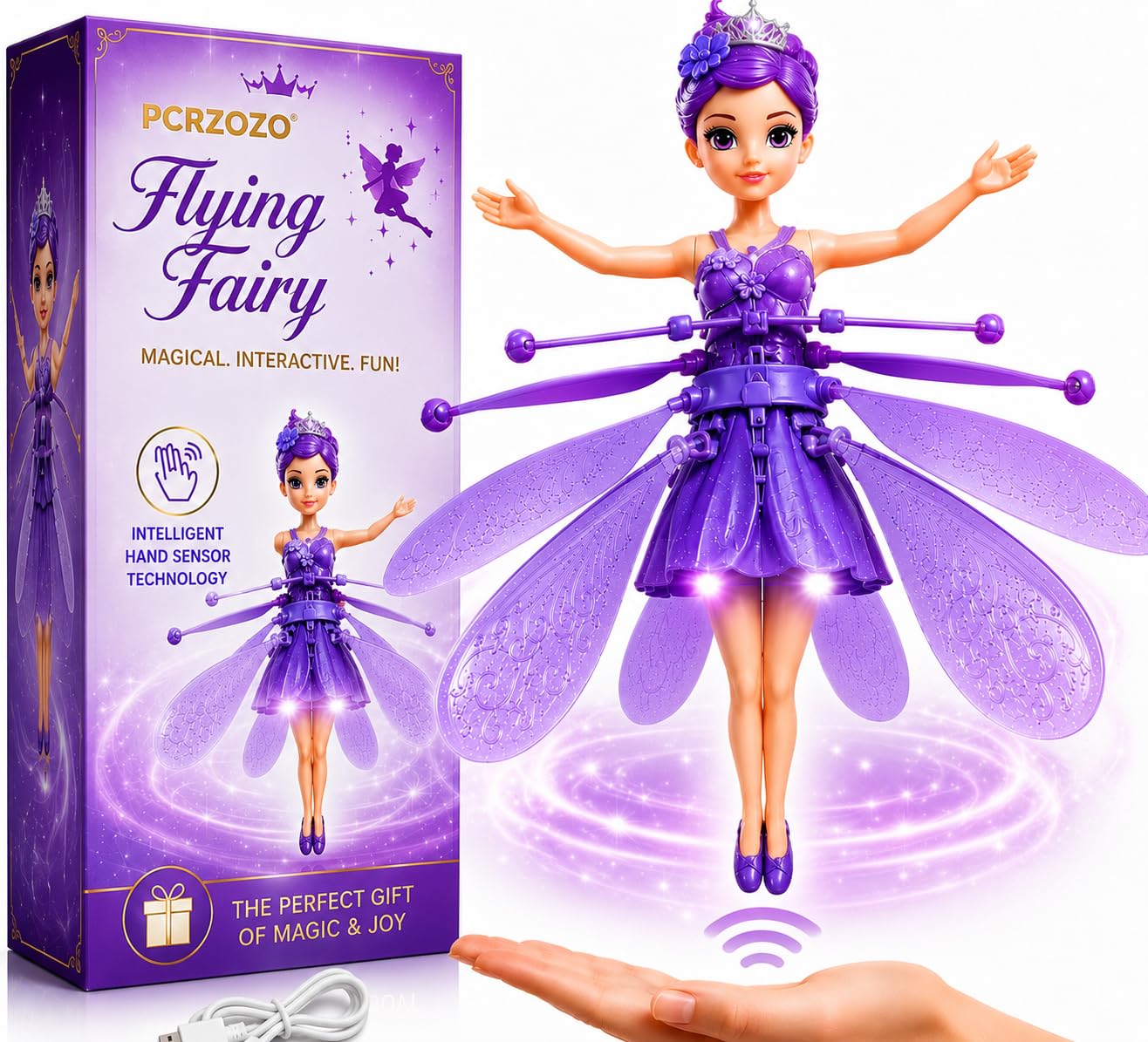 PCRZOZO Flying Fairy Doll for Girls, USB Rechargeable Hand Sensor Hover Toy with LED Lights, Gesture Controlled Flying Princess Toy, Interactive Indoor Gift for Children Aged 6+ (Purple)