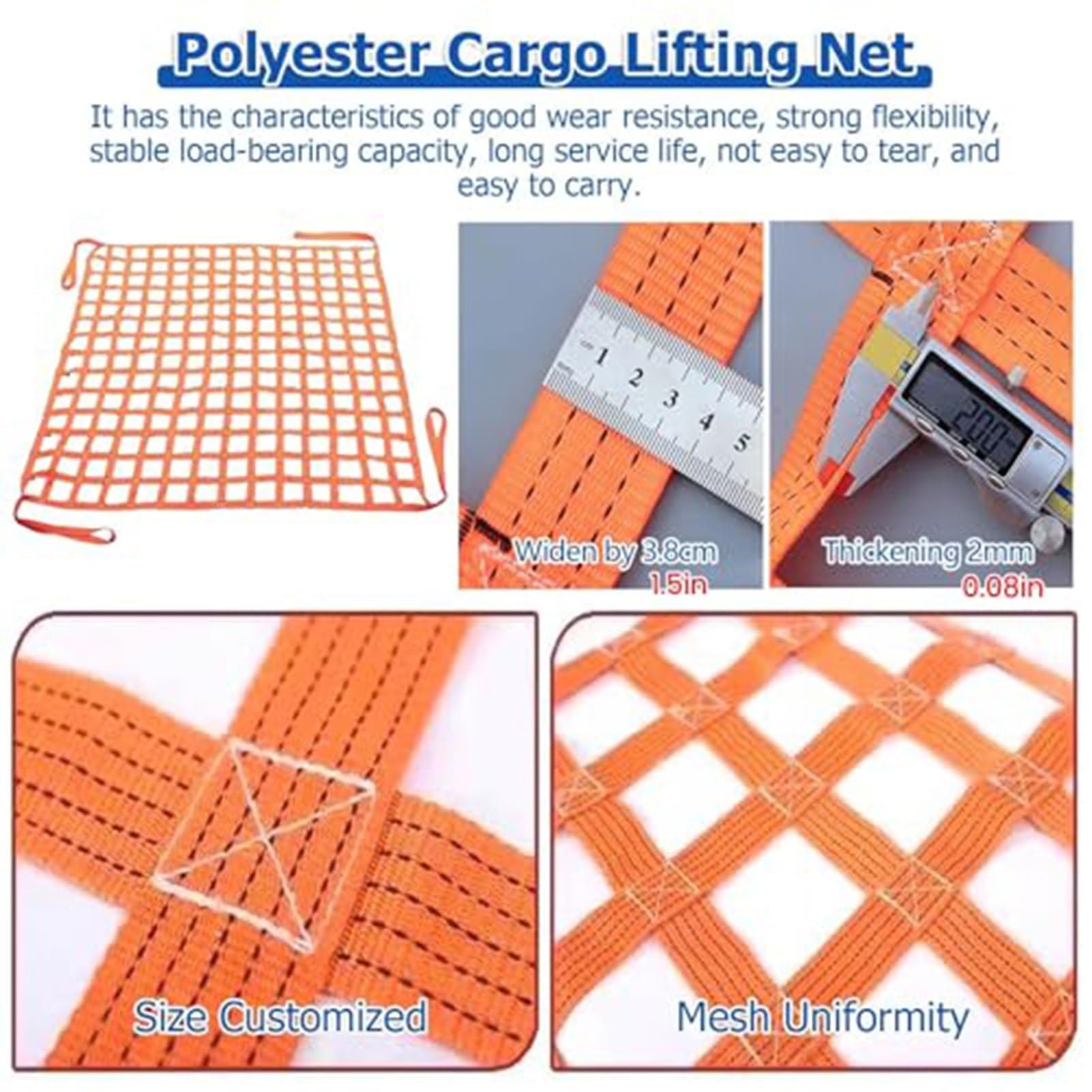 Generisch Hochleistungs-Hebegurte - Flaches Nylon-Hebenetz, elastisches Ladungssicherungsnetz für LKWs, Anhänger und SUVs (1,5 x 1,5 m, 10 cm Maschenweite, 300 kg Traglast)