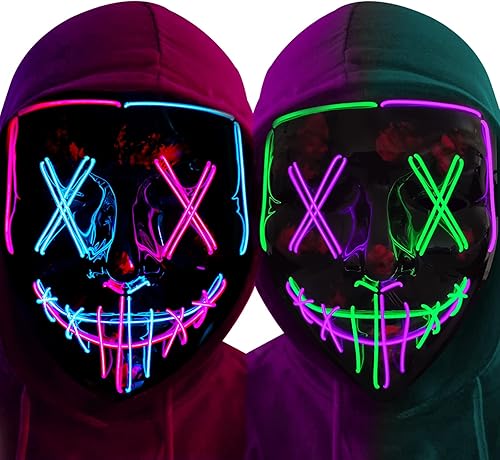 Paquete de 2 máscaras de Purga de Halloween, máscara de luz LED, máscara de miedo para hombres, niños, cosplay, Halloween, fiestas de máscaras,