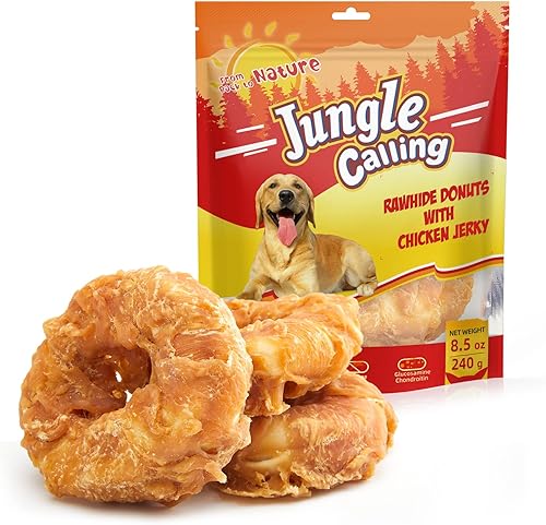 Jungle Calling Golosinas masticables de cuero crudo de larga duración para perros, donas de cuero crudo envueltas en pollo, aperitivos masticables