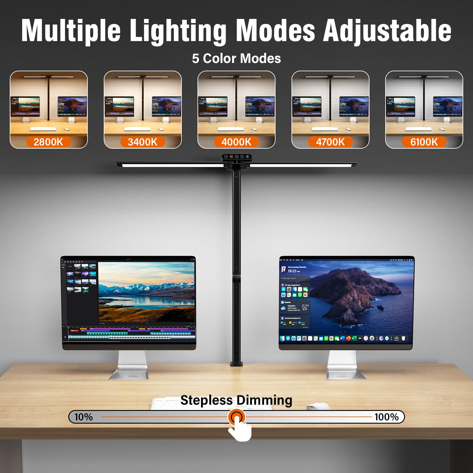 OGVDOE Lampada da Scrivania LED 24W 80cm Luce Tavolo a Doppia Controllo Touch Dimmerabile Luce Scrivania LED Lampada da Ufficio Lampada Monitor con Rimovibile Morsetto per Monitor Studio Ufficio