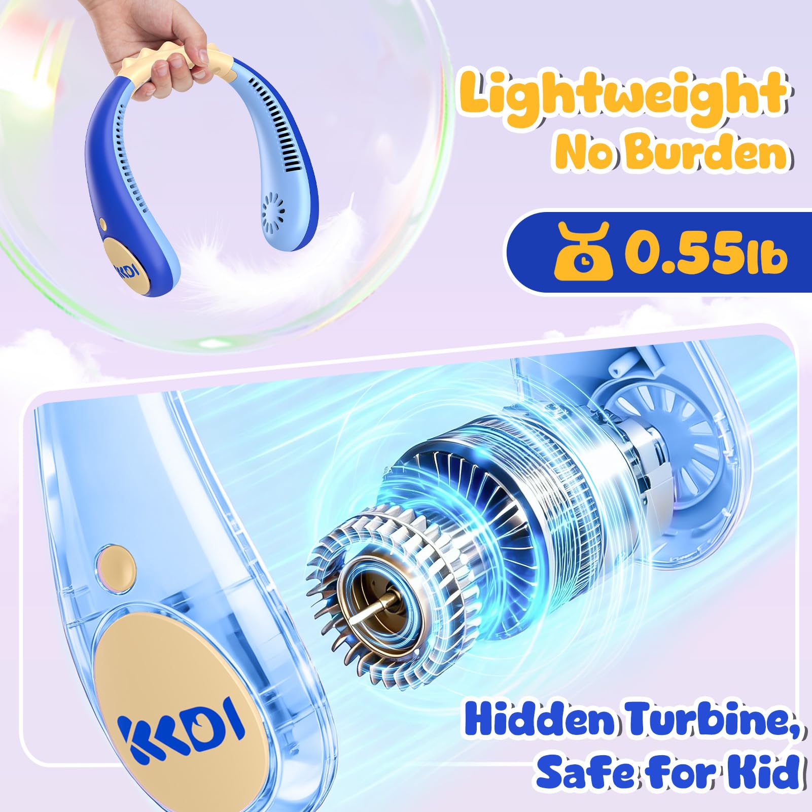 Tragbarer Hals-Ventilator für Kinder, blattloser, wiederaufladbarer, 2600 mAh, 4 Geschwindigkeiten