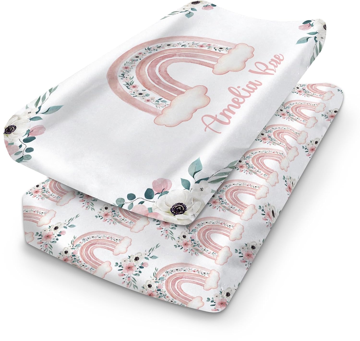 Custom Baby Changing Pad Covers - Pink Rainbow Designs with Personalized Name - 2 Pack Jersey Knit Ultra Soft Unisex Diaper Changing Table Cover Set for Boys Girls Gift Color02
