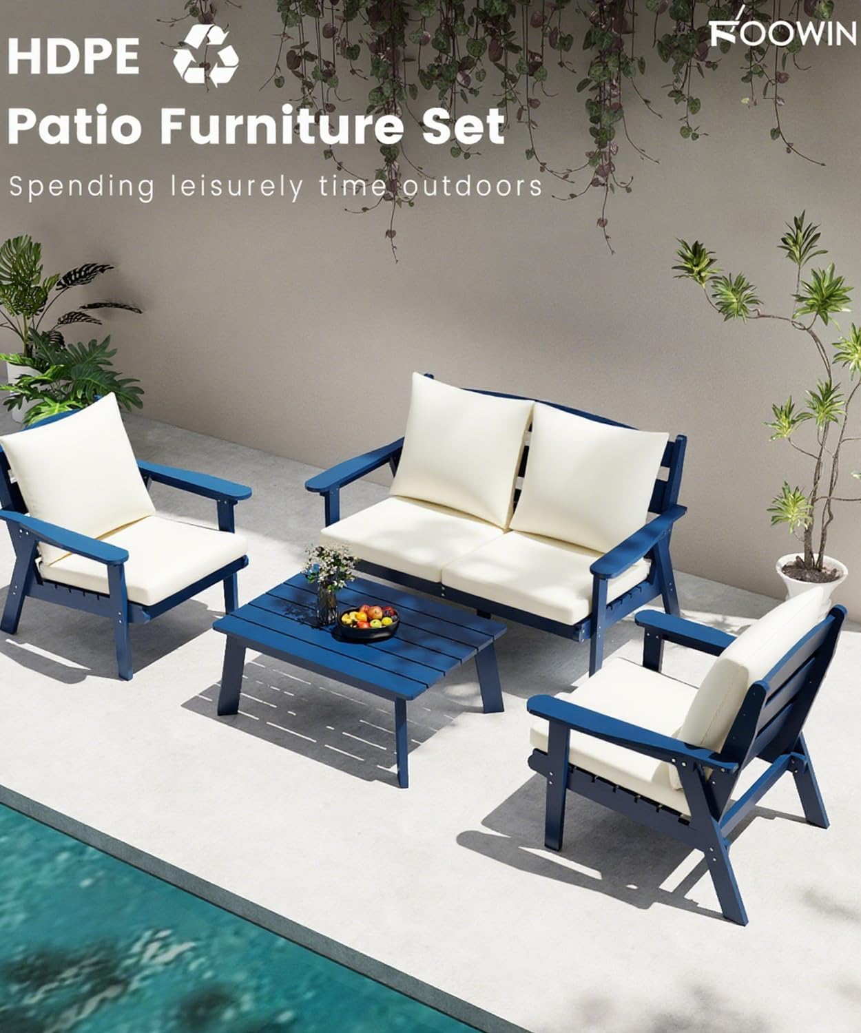 FOOWIN 4-Piece Patio Furniture Set, HDPE All-Weather Outdoor Conversation Set with Thick Cushions, Sectional Patio Sofa Furniture for Deck, Porch, Lawn, Garden, Navy Blue Frame & White Cushion