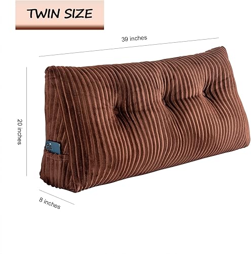 Miniatura 2 de Almohada de lectura con cabecera triangular grande con funda extraíble (marrón, individual 39 x 8 x 20 pulgadas)