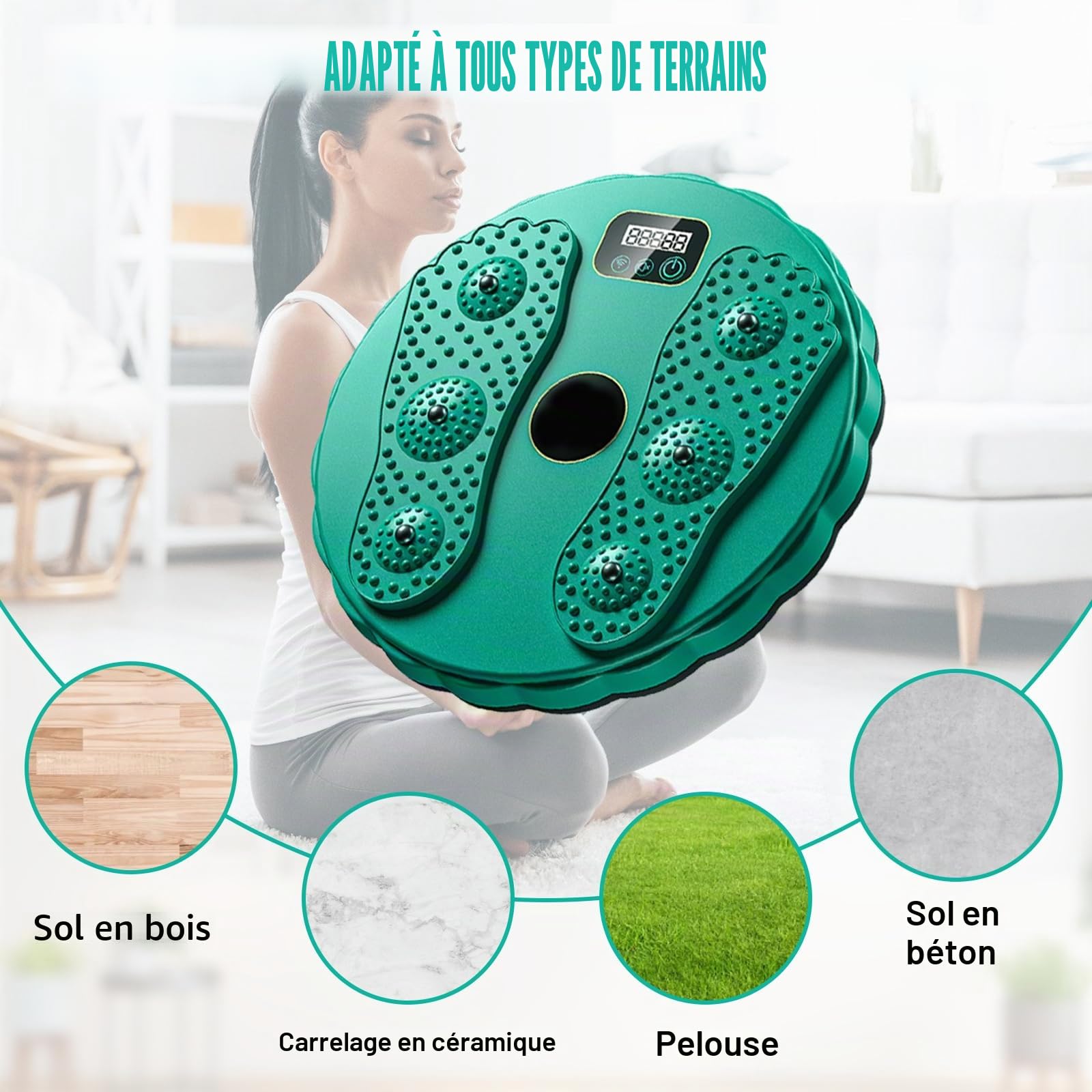 Tour de taille avec compteur - Disque rotatif de taille avec plante des pieds - Antidérapant - Entraînement aérobique - Pour massage des pieds et de la taille - Charge maximale : 300 kg - Vert