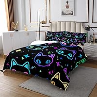 Vista 3 de Erosebridal Lindo juego de edredón de gatos degradados para niños y niñas, colcha de gatos kawaii, tamaño Queen, juego de ropa de cama colorido