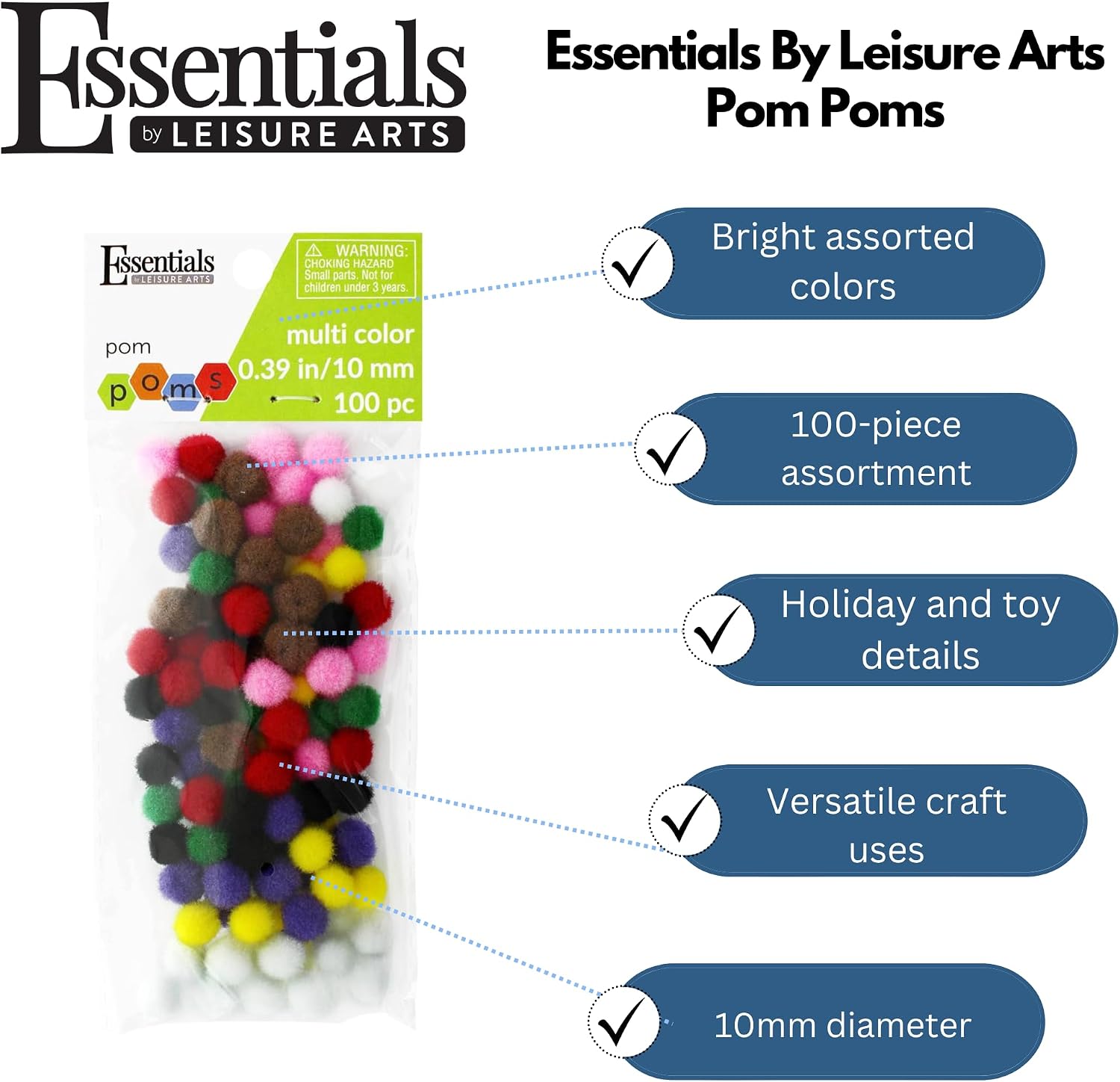Essentials By Leisure Arts Pom Poms - Multi-Colored - 10mm - 100 Piece Cotton Craft Pom Poms