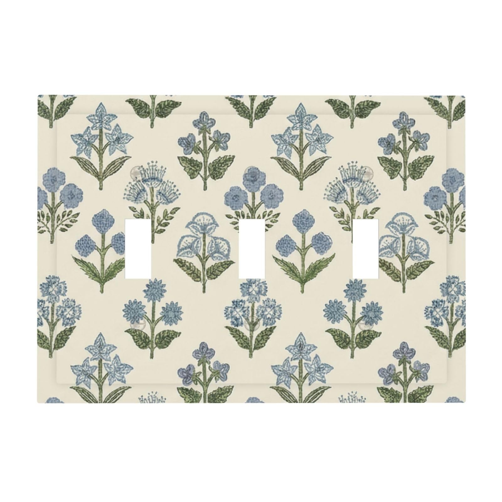 Beige Vintage Blue Floral Boho Flower 3 Gang Electrical Outlet Light Switch Cover Decorative Triple Toggle Wall Plate Electric Faceplate Switch Face Plate