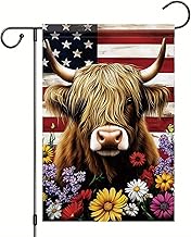 Spring Summer Garden Flag 12x18 Inch Patriotic Highland Cow American Outdoor Floral Farm Animal Design Outdoor Yard Porch Lawn for Seasonal Farmhouse Country Home Decor