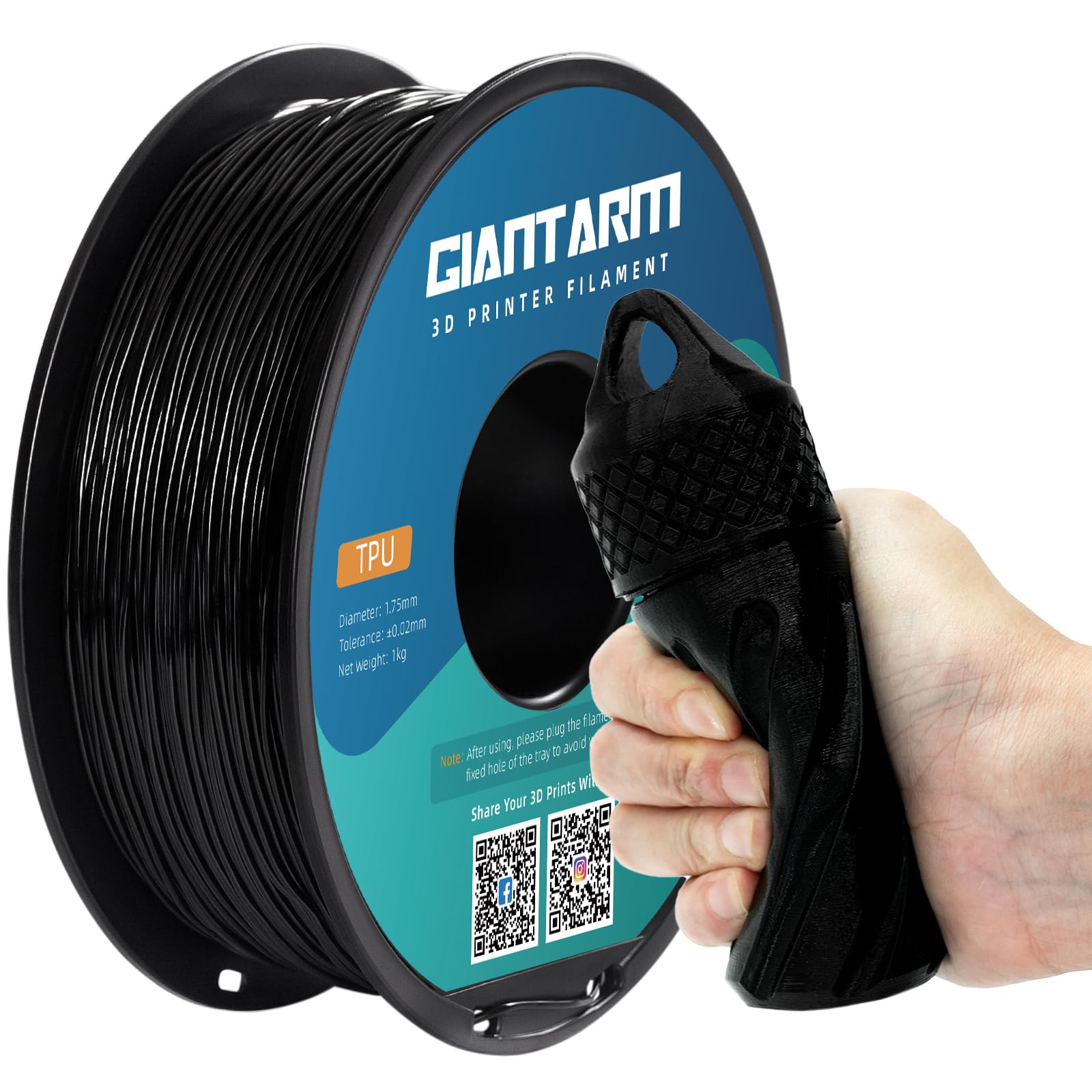 GIANTARM TPU Filament 1.75mm Flexible Soft 3D Printer Consumables Black,95A 1kg Spool (2.2 lbs.), Dimensional Accuracy +/- 0.05 mm