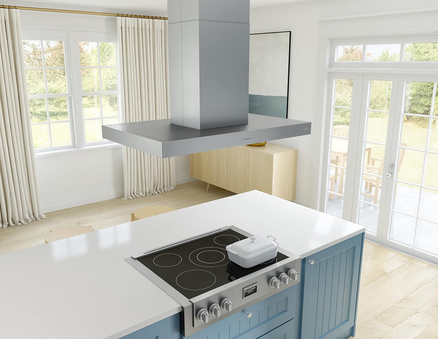 Zephyr Roma ZRM-E36F Island Range Hood in a kitchen setting