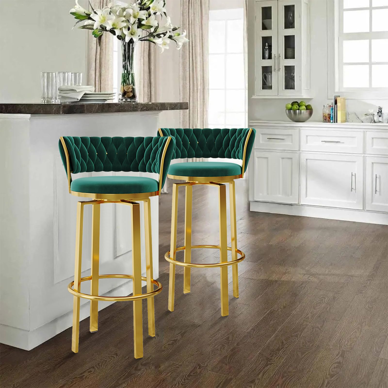 Set di sgabelli da bar moderni in velluto verde girevole, 1/2/3/4, sedie imbottite con schienale intrecciato e gambe a D, altezza 75 cm, per cucina, sala da pranzo e bar di casa
