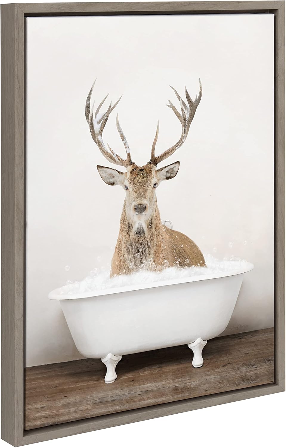 Kate and Laurel Sylvie Male Deer in Rustic Bath Framed Canvas Wall Art by Amy Peterson Art Studio; 18x24 Brown; Modern Fun Decorative Bathtub Wall Art for Home Décor