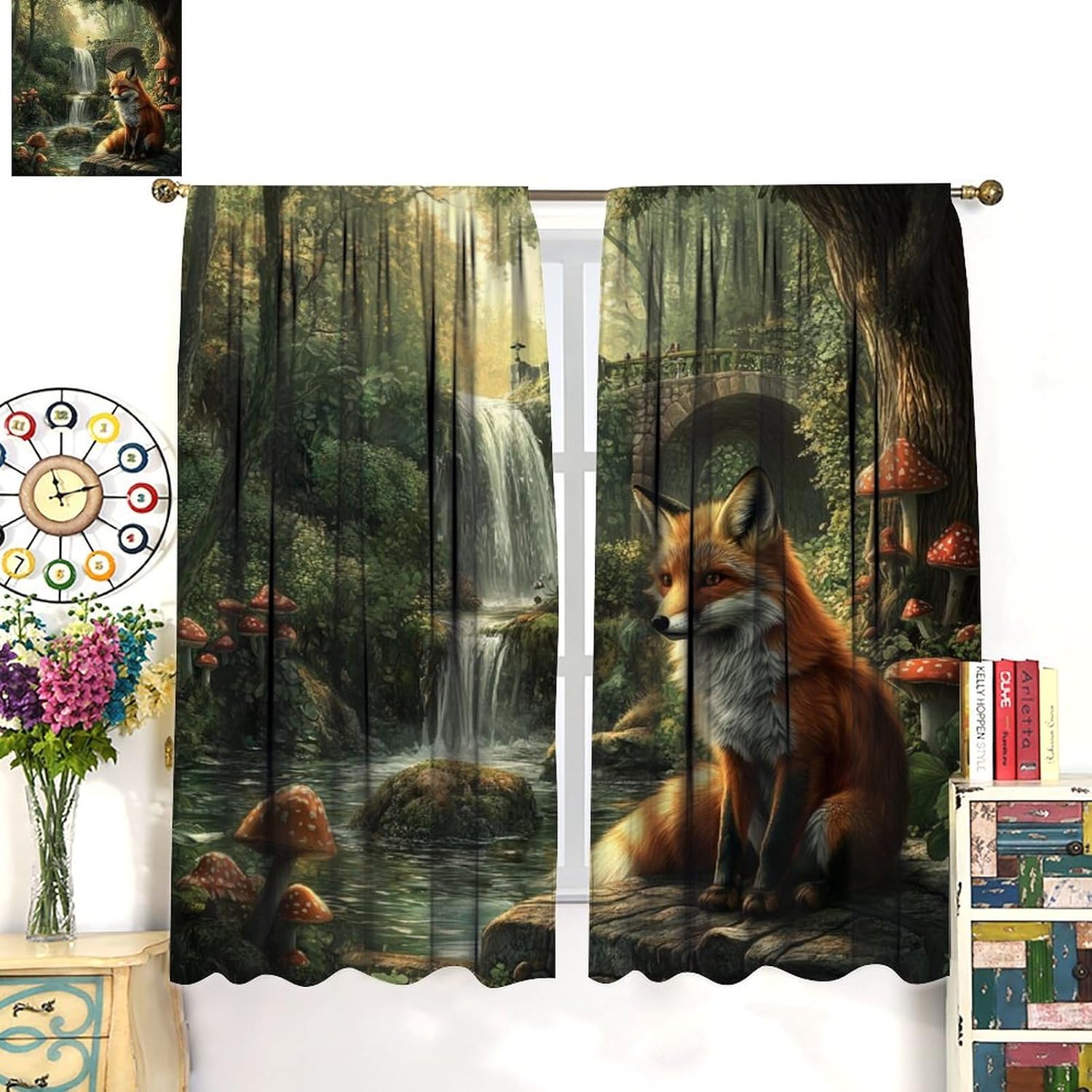Retro Fox River Blackout Curtains, Bridge Forest Mushroom Curtains Rod Pocket Thermal Insulated Window Drapes for Bedroom/Living Room, 21W x 45L, 2 Panels