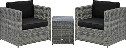 Outsunny Juego de 3 piezas de mimbre para exteriores, muebles de ratán con mesa de centro de cristal, sillas de porche y cojines gruesos para patio