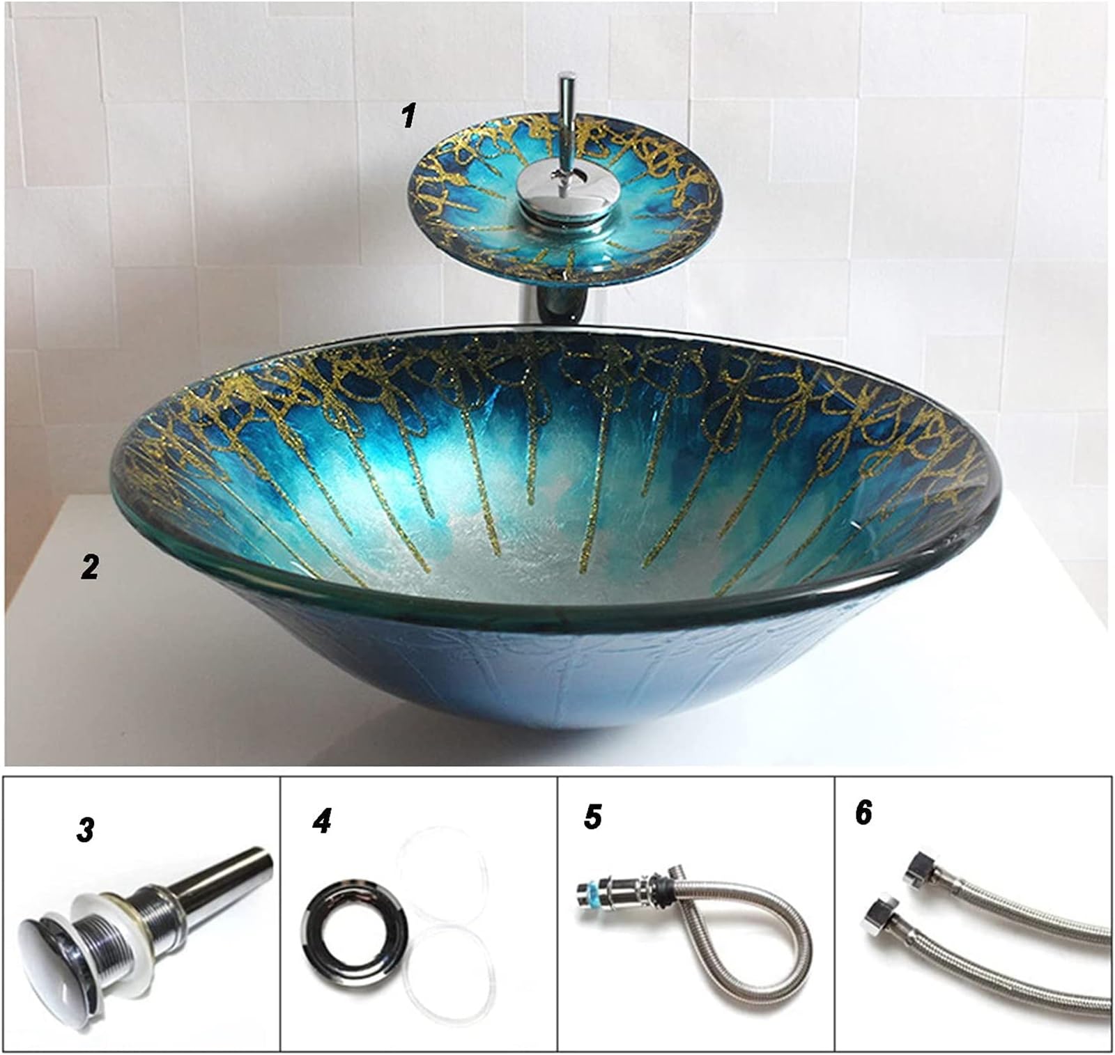 Umywalka Nablatowa Ceramiczna, Okrągła Umywalka Nablatowa, Umywalka Nablatowa Ze Szkła Hartowanego, Umywalka Nablatowa Do Łazienki, 450 X 450 X 135 Mm, Z Kranem Wodospado,Blue-BlueWashBasin+Accessorie