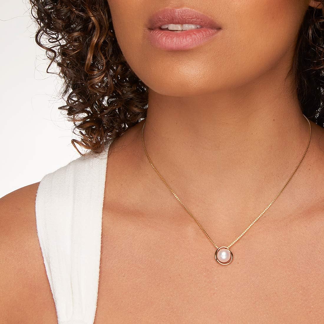 PEORA 14K Yellow Gold Freshwater Cultured White Pearl Pendant, Round Button Shape, 9mm Swirl Slider Solitaire, Dainty Wedding Necklace