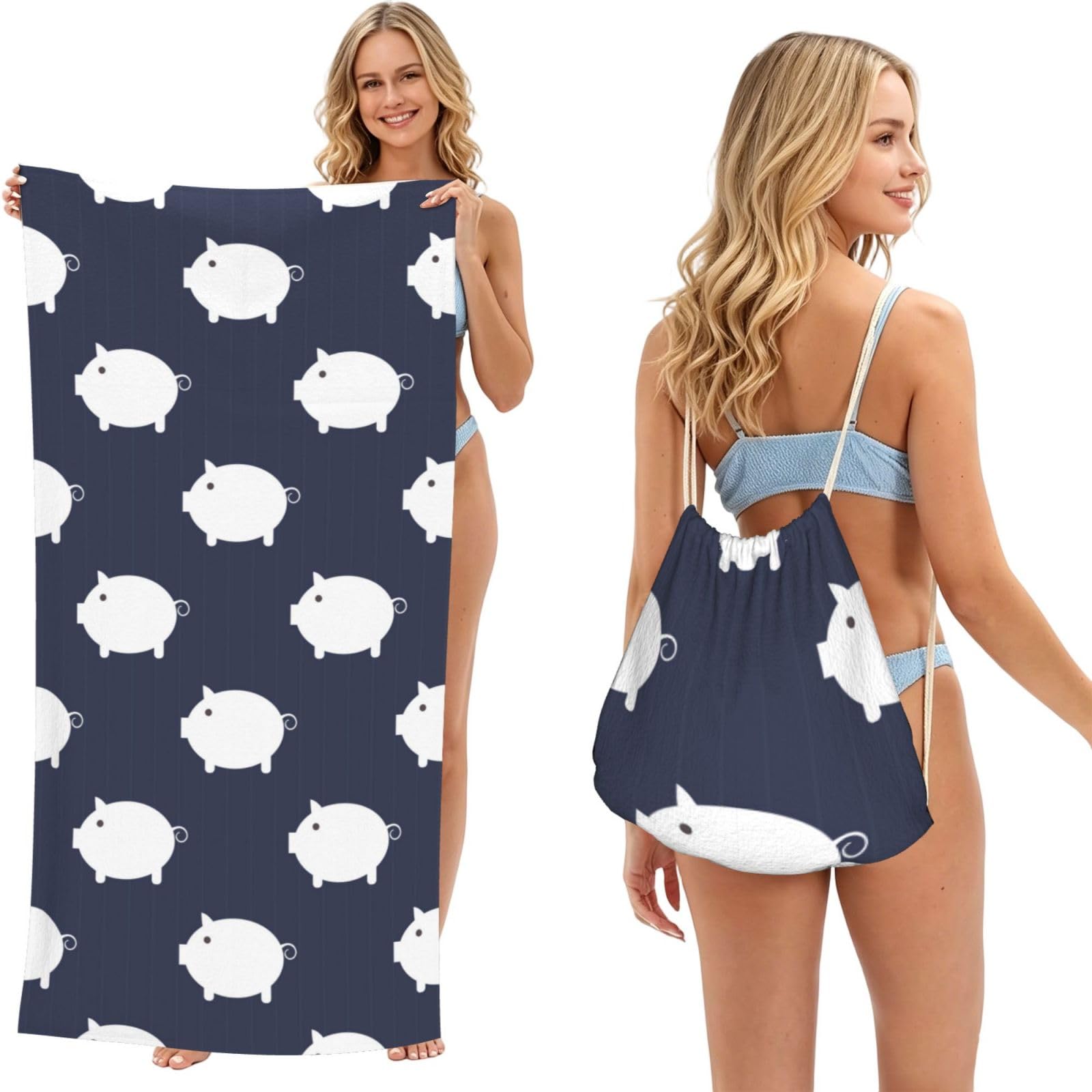 Poadnly As Picture Pig Cute, 2 In 1 Packable Towel Bag, Beach Towels With Drawstring Backpack For Travel Holiday Camping