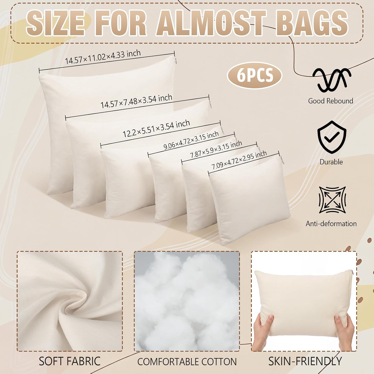 Xuhal 6 Pcs Ivory Purse Insert Pillows Set Cushioned Handbag Fillers Set of Shaper Inserts Maintain Small to Large Purses for Prevent Creases and Damage Storage Display Purse Stuffing Packing Filler