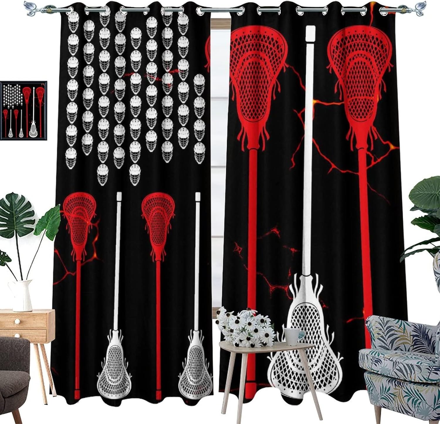 Lacrosse American Flag Design Grommet Blackout Curtains for Living Room,Thermal Insulated Abstract Sports Theme Lacrosse US Flag Print Window Treatment,2 Panels 63L x 21W