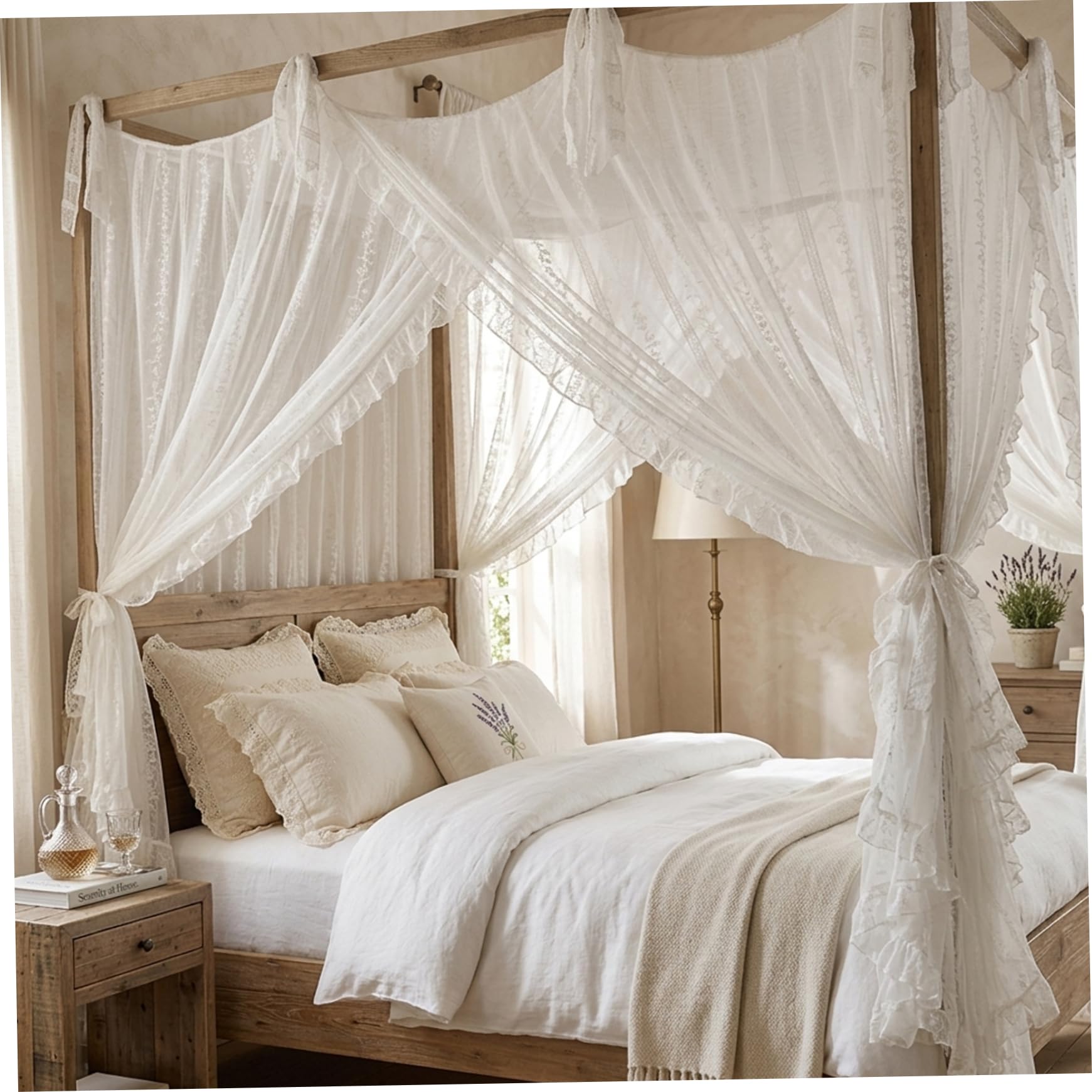 Fertnouk Bed Canopy, French Princess Style White Bed Curtains with 3 Openings Design for Protection, Romantic Canopy Curtains for Girls Women