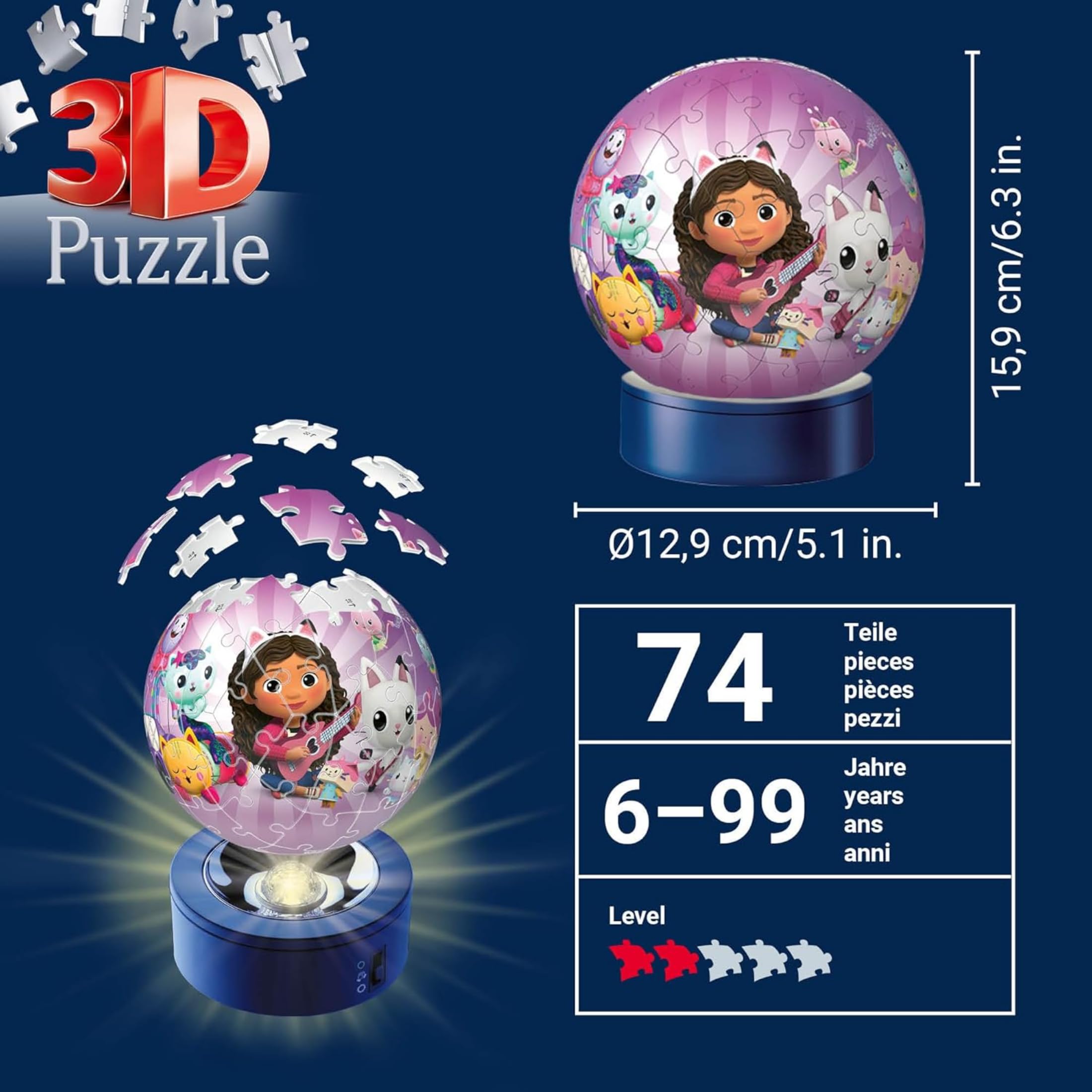 Ravensburger - Puzzle 3D Lampada Gabby's Dollhouse LED 72 pezzi, 6+ anni
