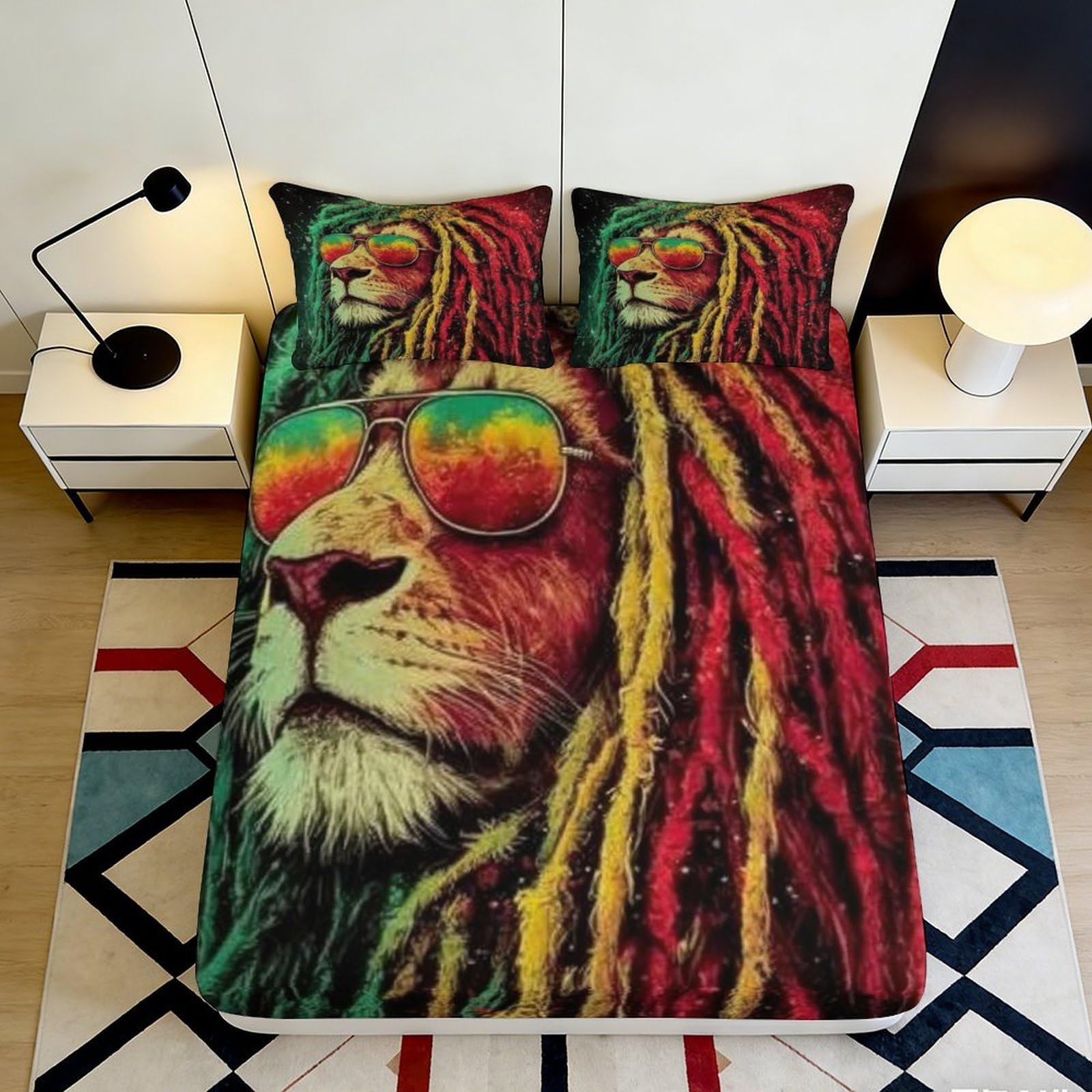 3D Printed Lion Dreadlocks Fitted Sheet Microfiber Soft Vibrant Reggae Sunglasses Mattress Cover for Bedroom Guest Room Dorm Decor 90x200x25cm